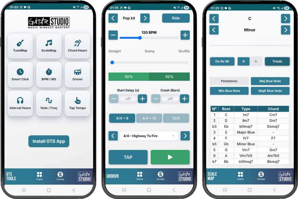 Guitar Training Studio App tools interface showing metronome, groove trainer, scale map and chord functions – Wouter Baustein – Guitar Training Studio