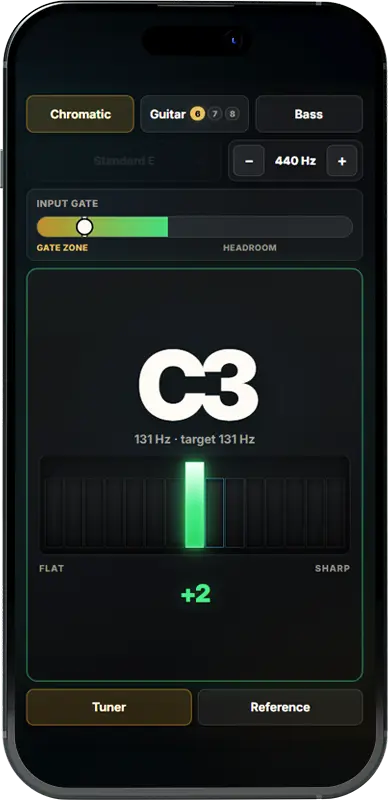 PITCHR free online chromatic guitar tuner from Guitar Training Studio
