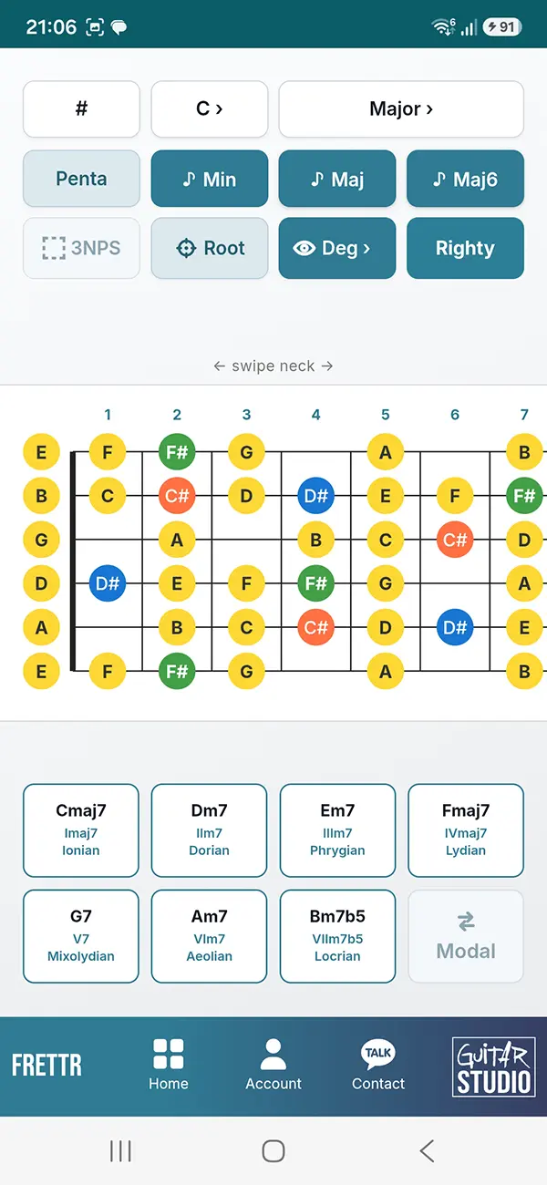 FRETTR guitar fretboard scale and mode tool in the Guitar Training Studio app