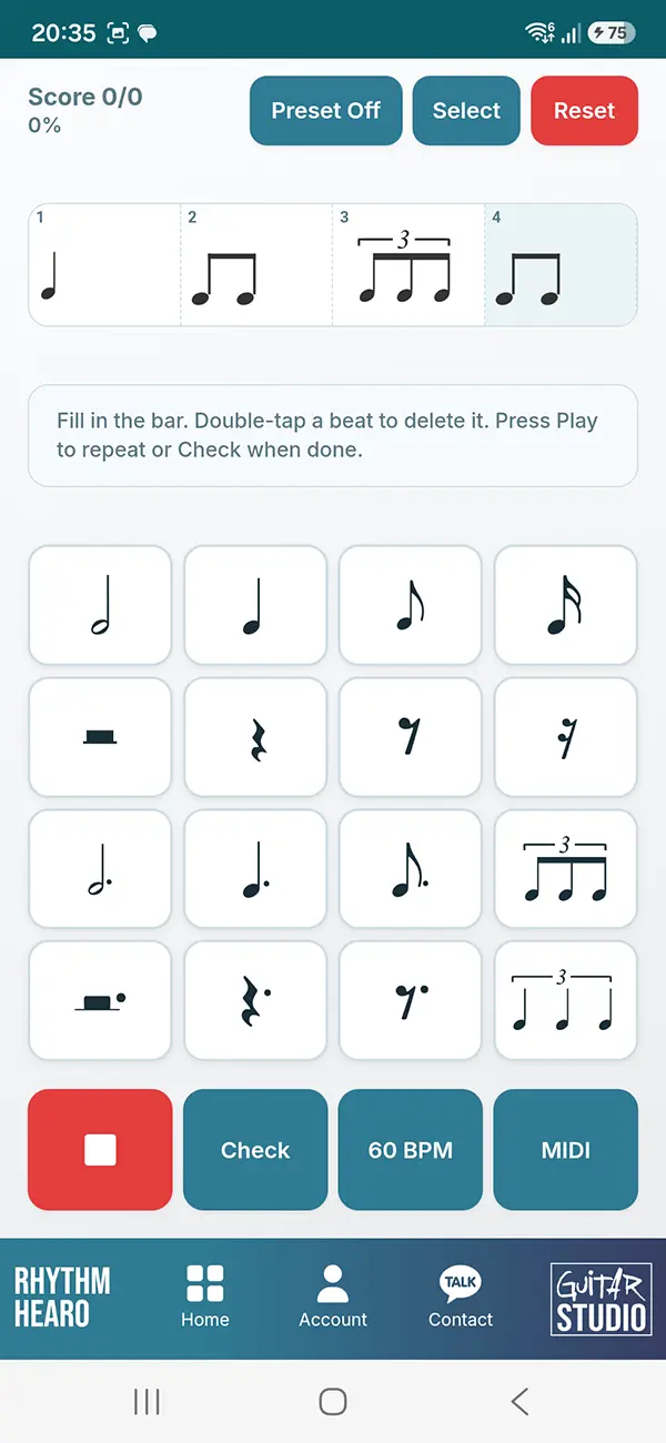 Rhythm Hearo rhythm ear training tool in the Guitar Training Studio app