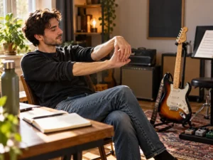 Guitarist takes a short practice break and stretches his hands in a home studio
