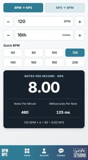 Notes per second calculator for guitar speed and BPM practice
