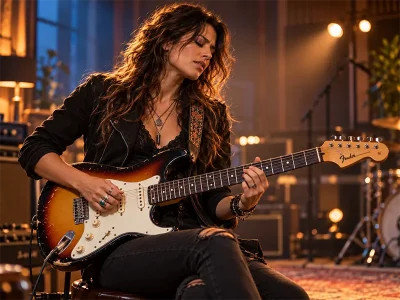 Female guitarist playing a sunburst electric guitar in a warm recording studio