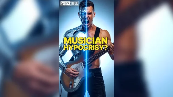 Half human half robot guitarist split image representing AI replacing musicians