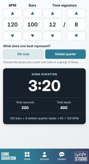 Song Duration Calculator showing BPM, bars, time signature and calculated song length